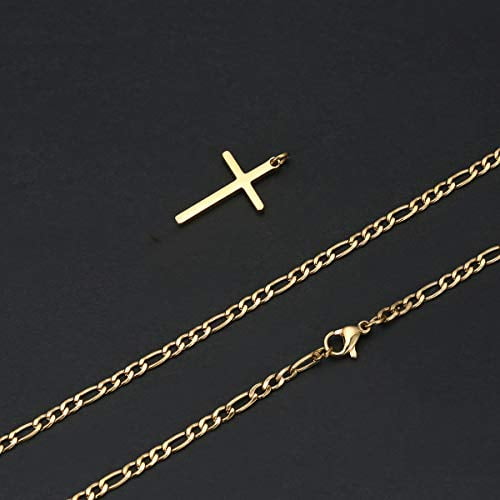 Joxevyia 14k Gold Filled Cross Necklace For Men Figaro Chain Stainless Steel Plain Polished Cross Pendant Necklace Simple Faith Jewelry Gift For Boy W