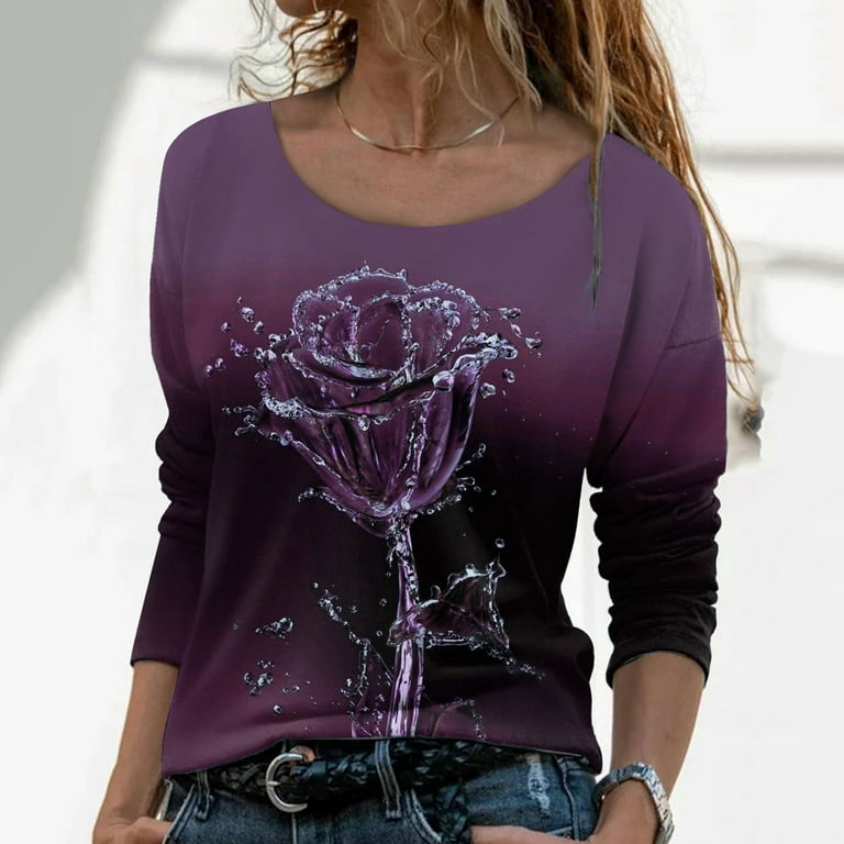Women's Long Sleeve Tops Printed Floral T-shirt Purple Flower