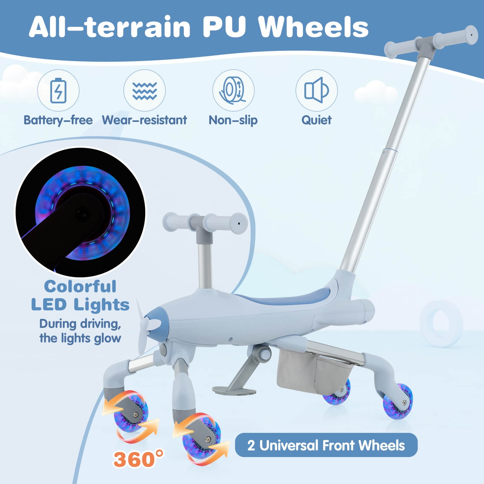 Infans 2-in-1 Kids Ride-on Push Car w/ LED Lighted Wheels Removable & Adjustable Handle