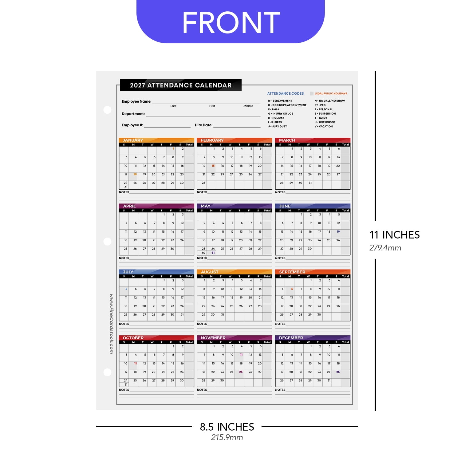 2027 Attendance Calendar Card Stock Paper – Great Employee Work Tracker | Bright & Colorful, Printed on Durable & Thick 80lb Cover (216gsm) Cardstock | 3 Hole Punched | 8.5 x 11" | 25 Sheets per Pack
