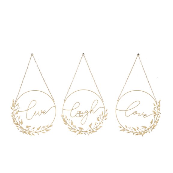 DecMode Love, Laugh, Live Metal Decorative Sign with Chain Hanger, 3-Pieces