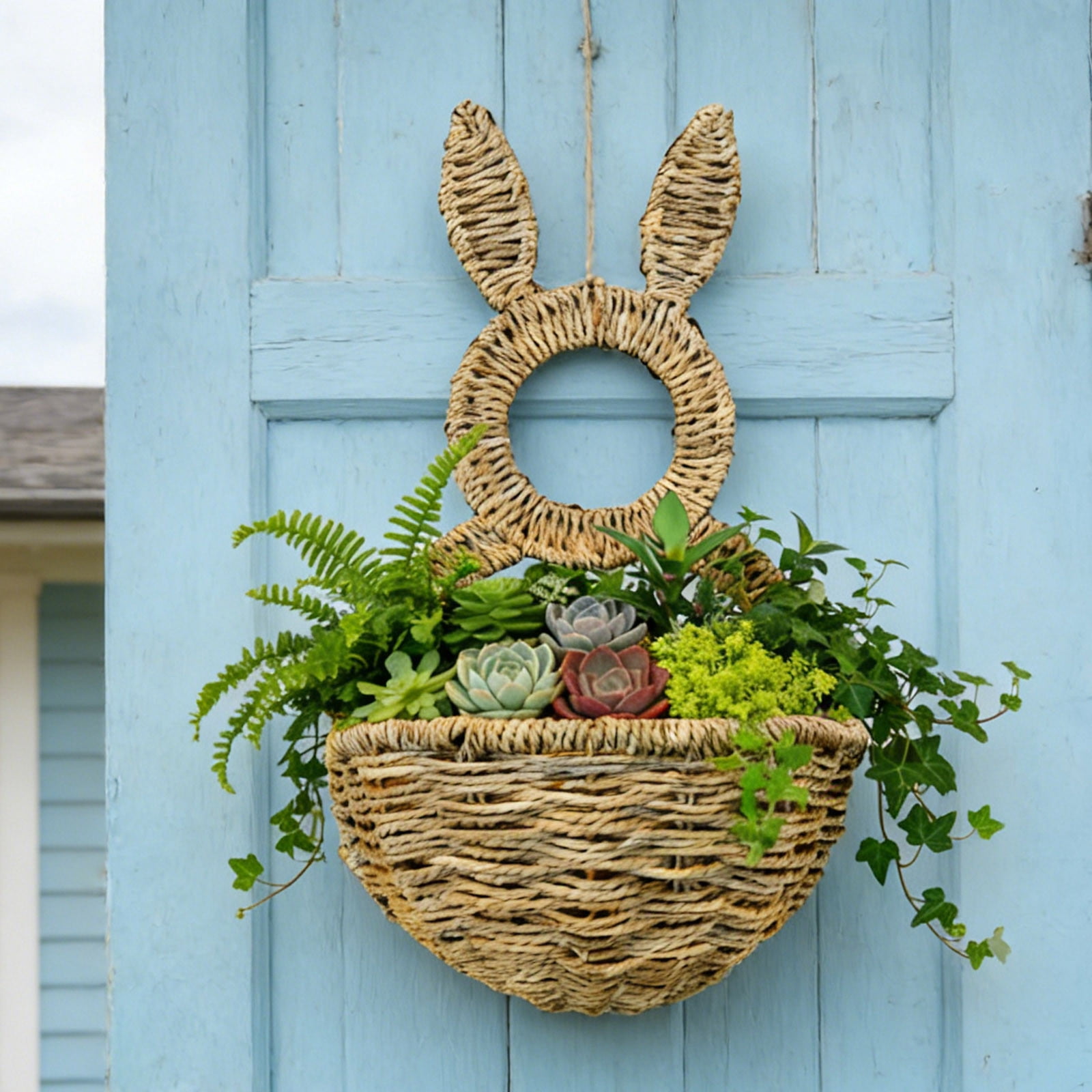 Hand Woven Wicker Bunny Wall Pocket & Planter - 15.75 Inch Easter Door Hanging Decor, Farmhouse Wall Basket for Flowers, Eggs, Spring Greenery, Easter Decoration