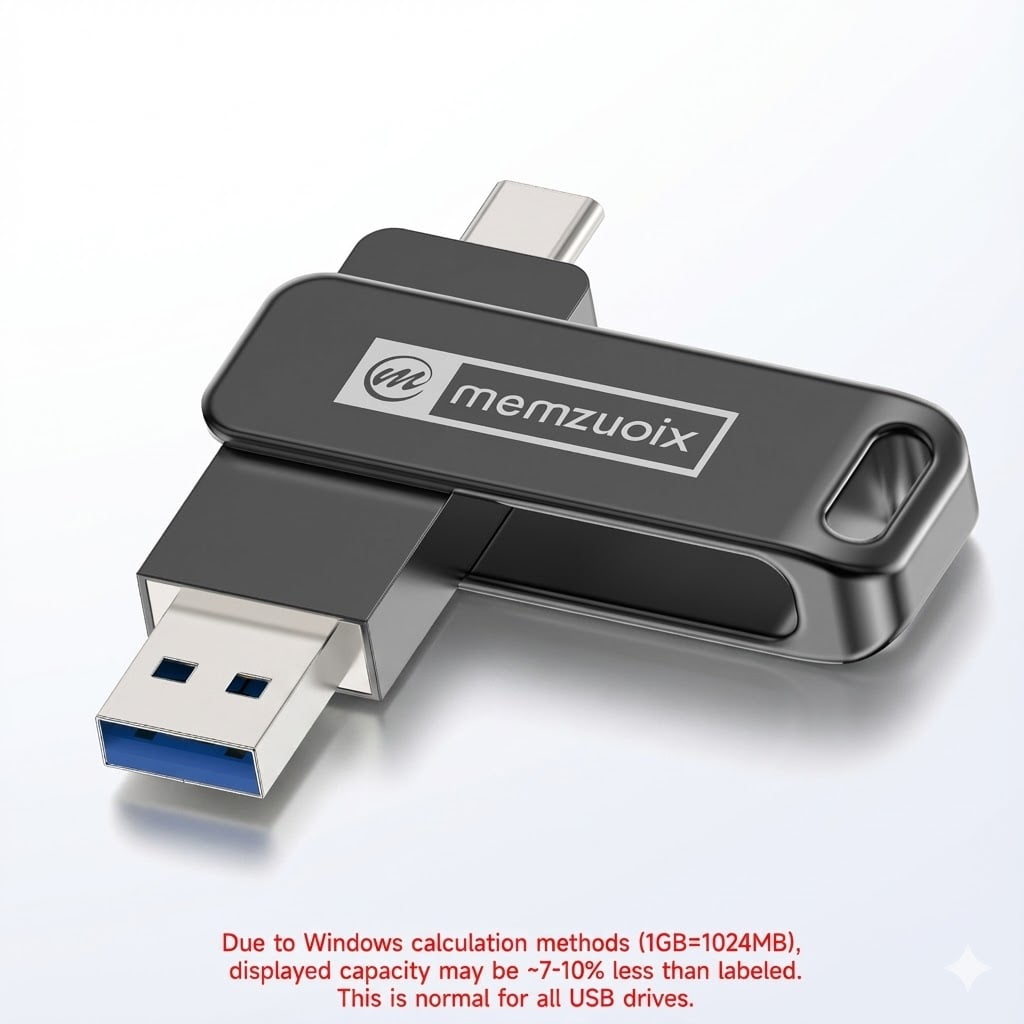 128GB USB Flash Drive, memzuoix Portable USB 3.2 Type-C Thumb Drive, Photo and Video Backup, 2 in1 External Memory Stick for PC/Laptop, Jump Drive for iPhone, OTG Android Phone, PC, Black