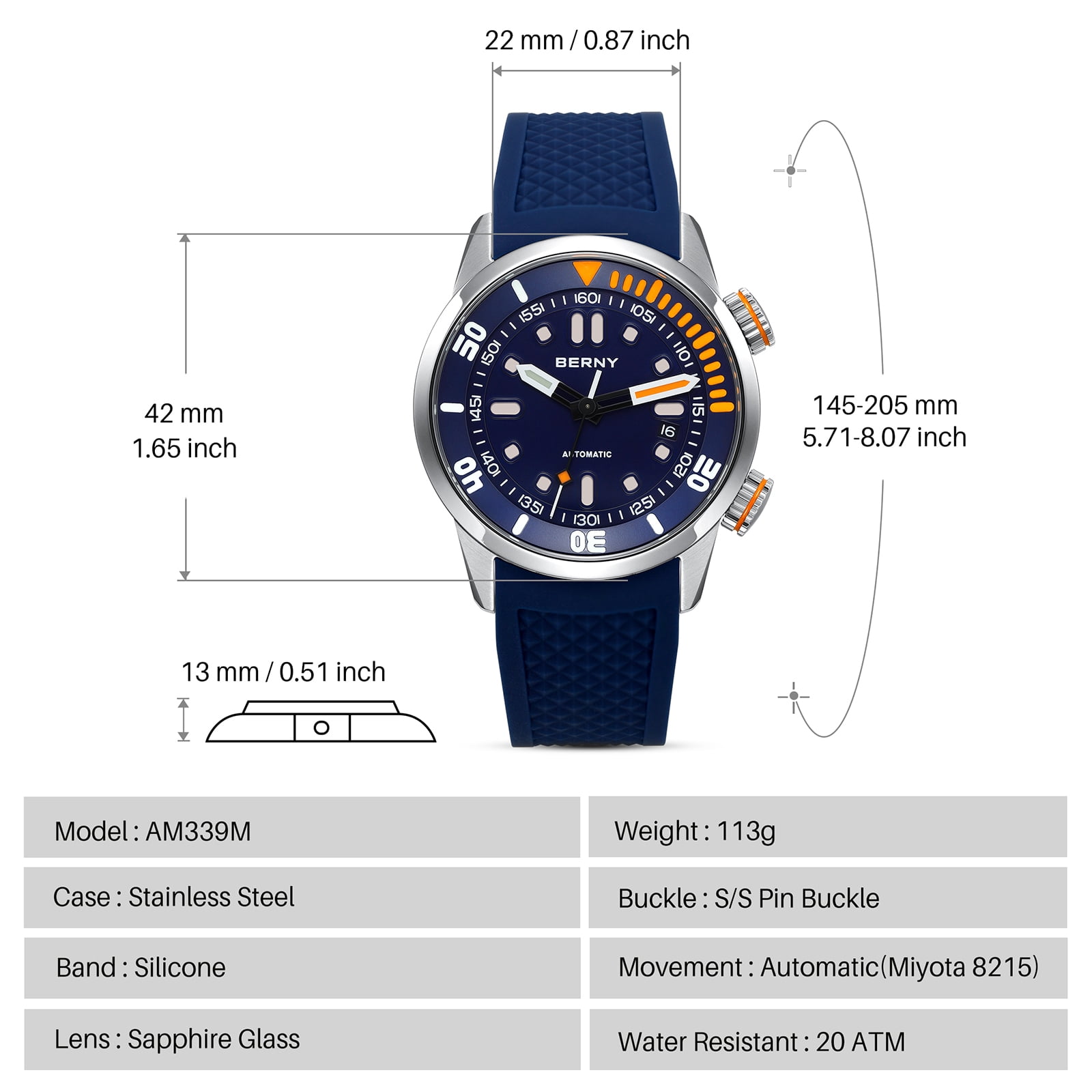 BERNY Automatic Dive Watches for Men, Sport 20ATM Waterproof Analog Mechanical Watch with Date, Super Luminous, Silicone Strap, Stainless Steel, Sapphire Crystal, Men's Pro Diver Watch (Blue)