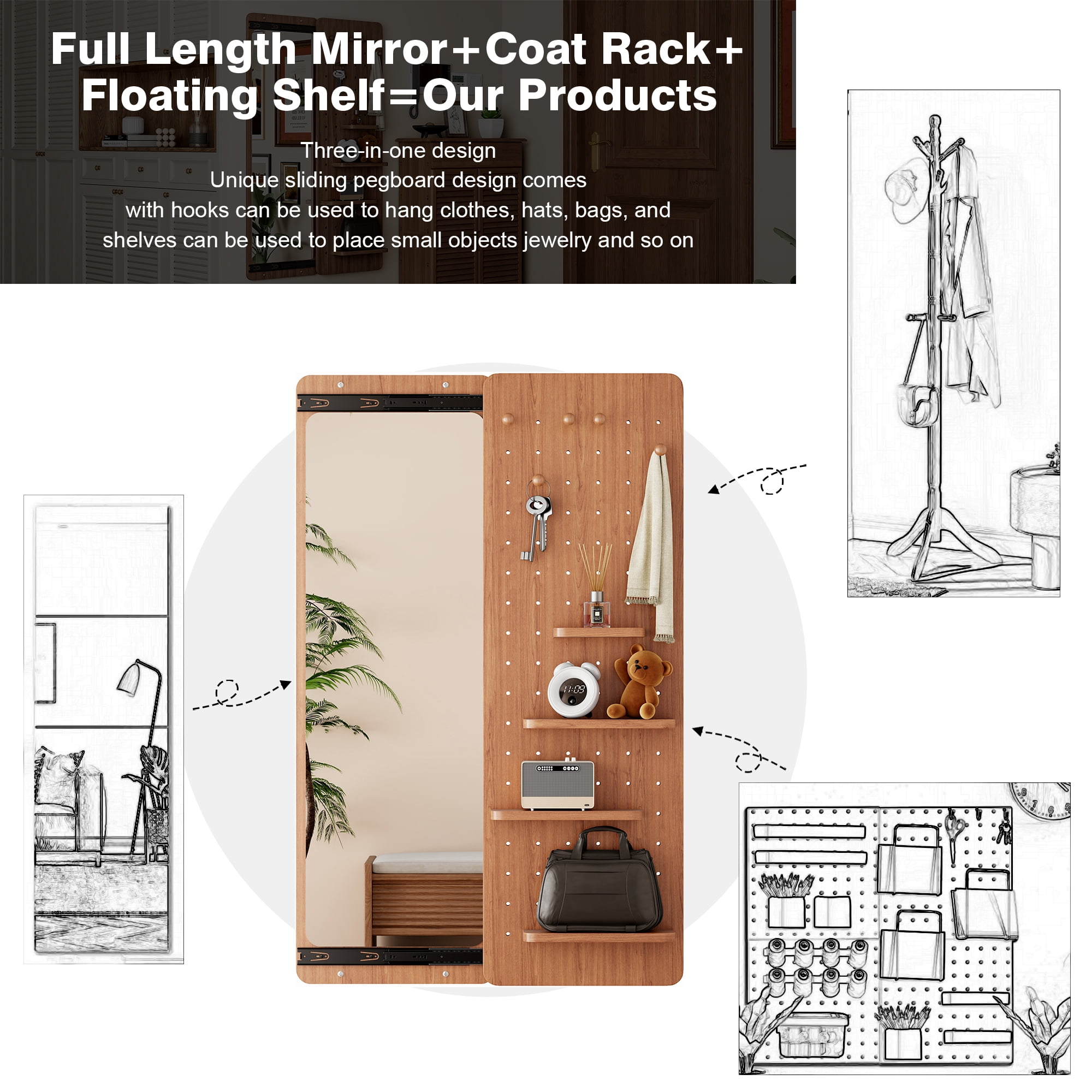 Wall-Mounted Full-Length Mirror with Shelves and Hooks, Push-Pull Panel Design with Dual-Slide Hardware for Bedroom, Cherry
