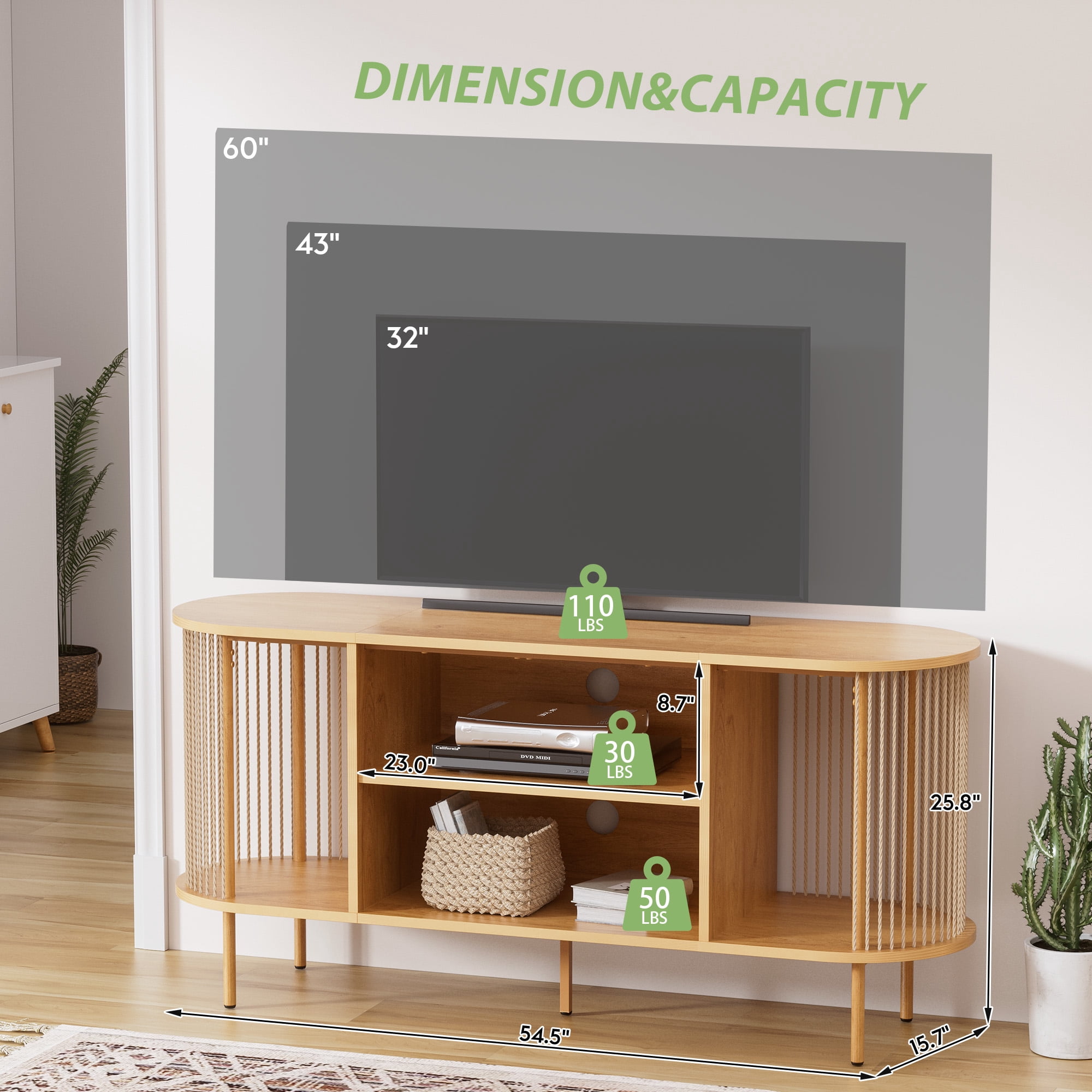 Brafabhome Oval Boho Natural Rope Woven TV Stand up to 60" TV, Mid-Century Media Console Table with Storage Shelf for Living Room, Modern Entertainment Center for Bedroom | Beige