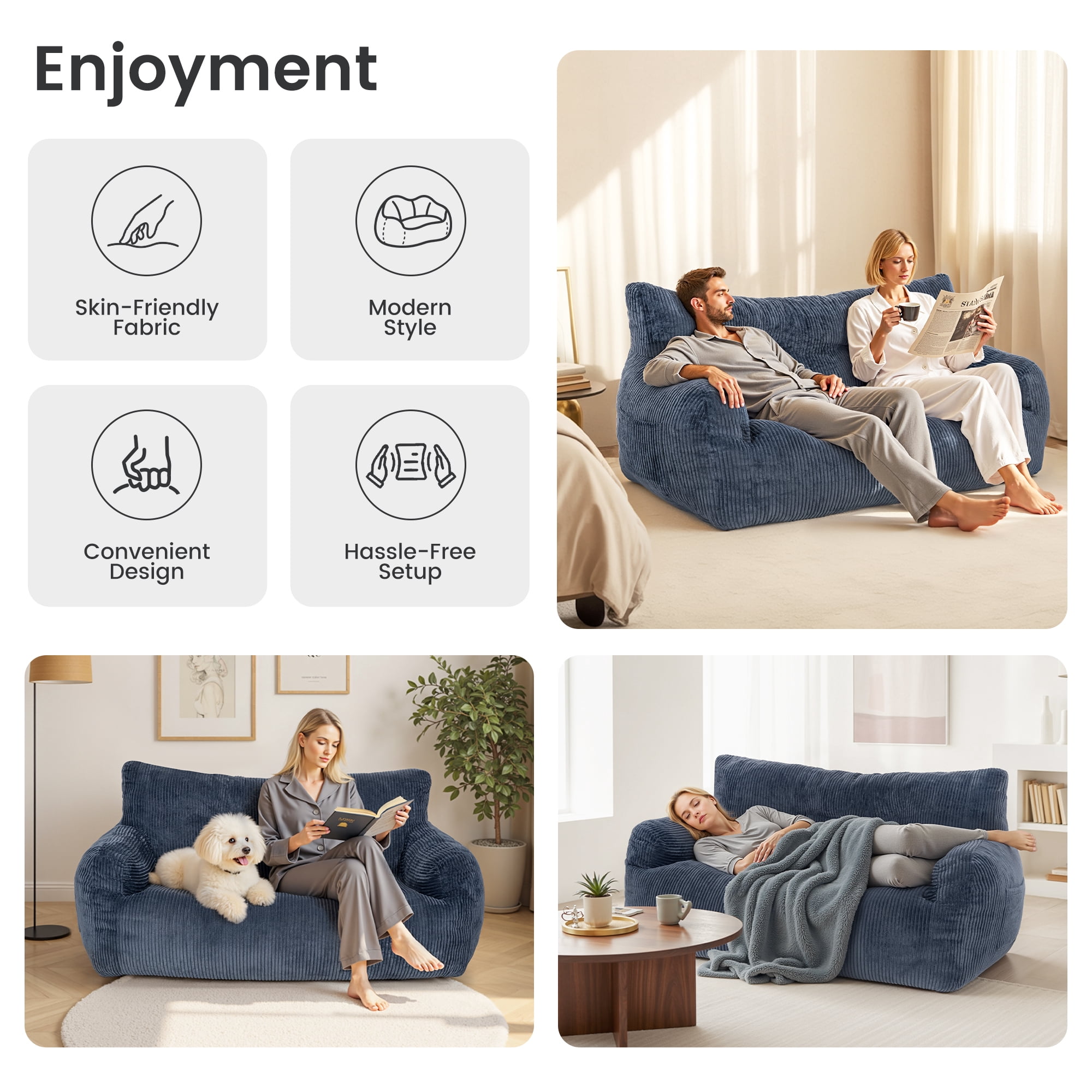 2-Person Foam Filled Bean Bag Chair, Plush Corduroy Lazy Sofa