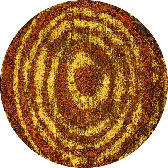 Ahgly Company Machine Washable Indoor Round Abstract Yellow Modern Area Rugs, 8' Round