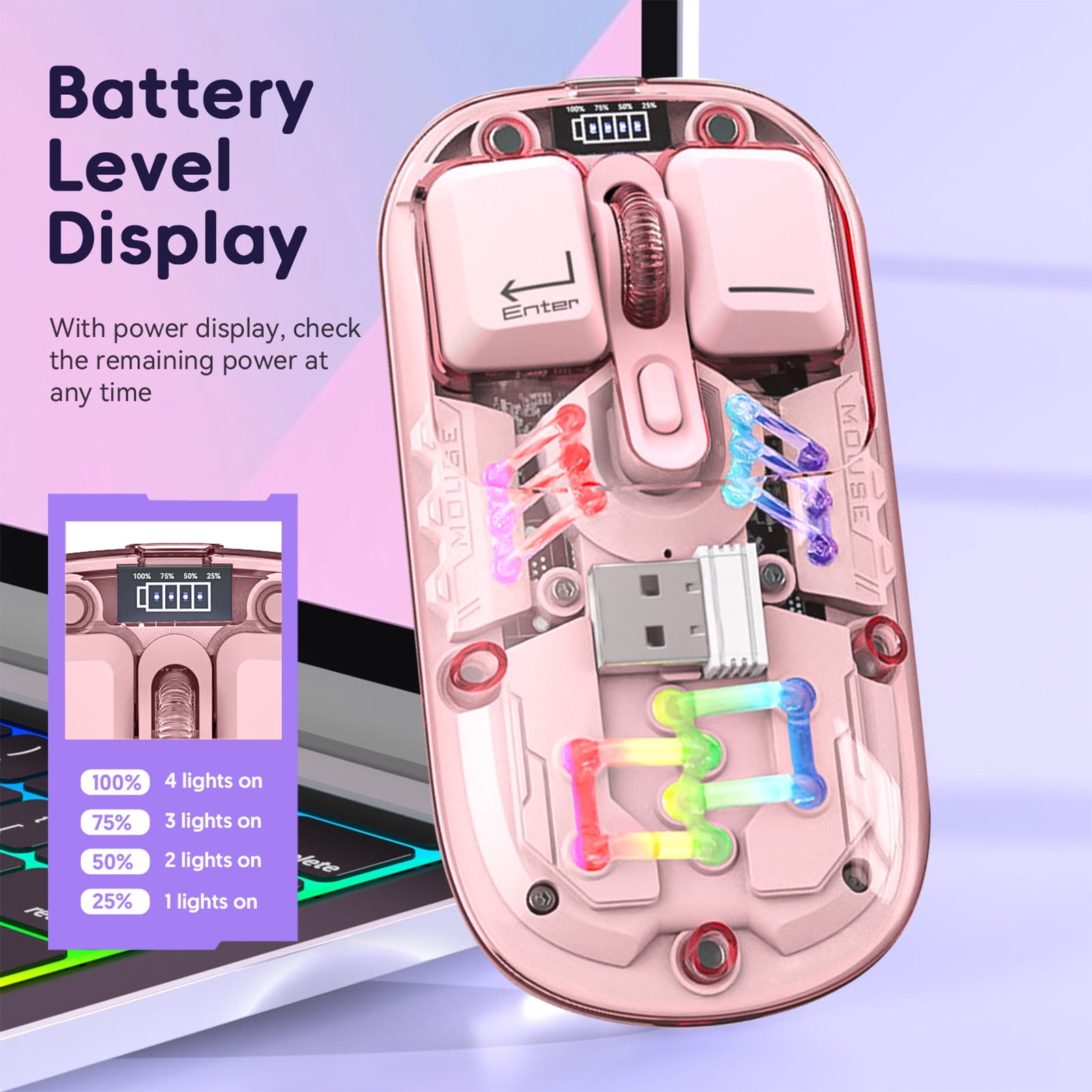Transparent Wireless Mouse RGB — 4G Bluetooth 5.0 Type-C Rechargeable 1600DPI | White Pink Purple 4.44x2.28x0.98 Inch