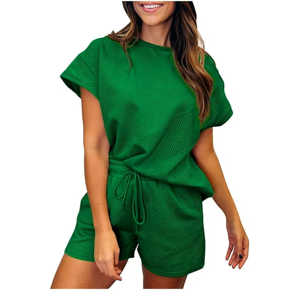 Nrmvnmi 2 Piece Sets for Women Outfits Short Sleeve Round Neck Solid Color Trendy Casual Sports Tracksuit Loungewear Set Womens Short Sets for Summer Green MMothers Day Gifts