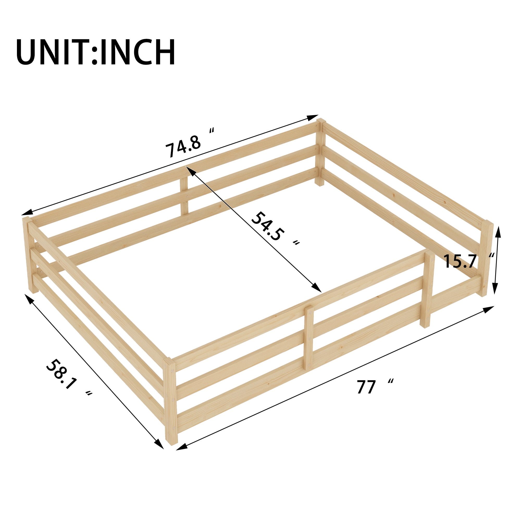 Sesslife Full Size Floor Bed with Door and Fence, Wood Full Floor Platform Bed with Slats, Full Montessori Bed for Boys Girls, No Box Spring Needed, Oak