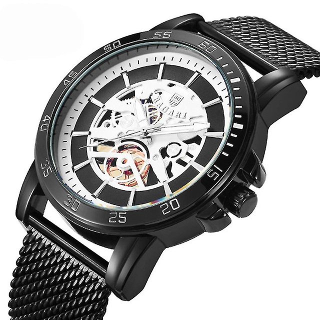 bagari 1688 casual aspecto mecánico relojes de cuarzo malla acero hombres reloj esqueleto con caja redonda negra, esfera parcialmente calada que muestra componentes decorativos, marcadores plateados, bisel con índices numéricos, corona lateral y correa de malla de acero negra; económico y práctico, a menudo usado como accesorio elegante para uso diario.