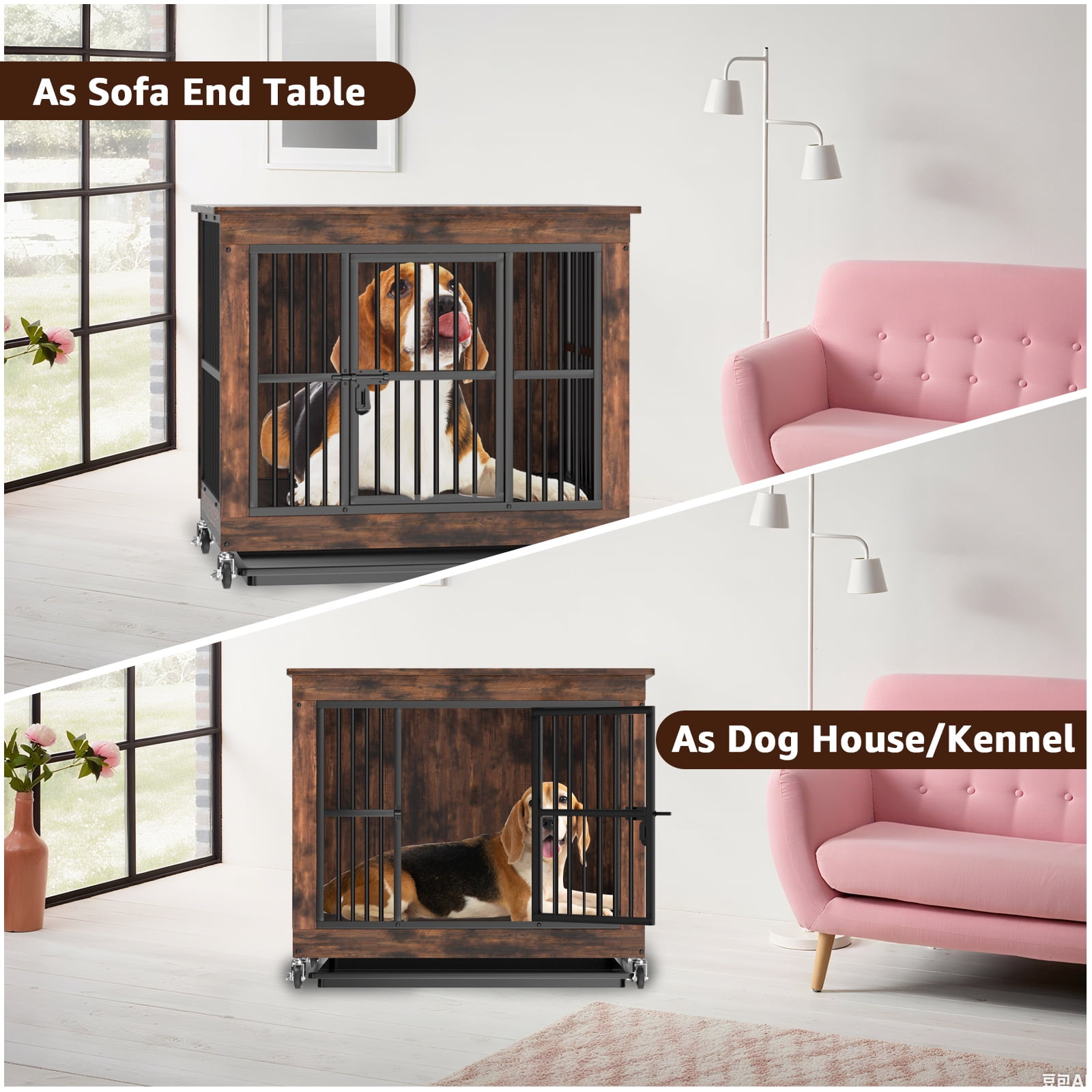 PRIJESSE 39 Inch Chew Proof Dog Crate Furniture, Rustic Brown Wooden End Table with Removable Top & Pull-Out Tray for Large Dogs, Indoor Kennel House
