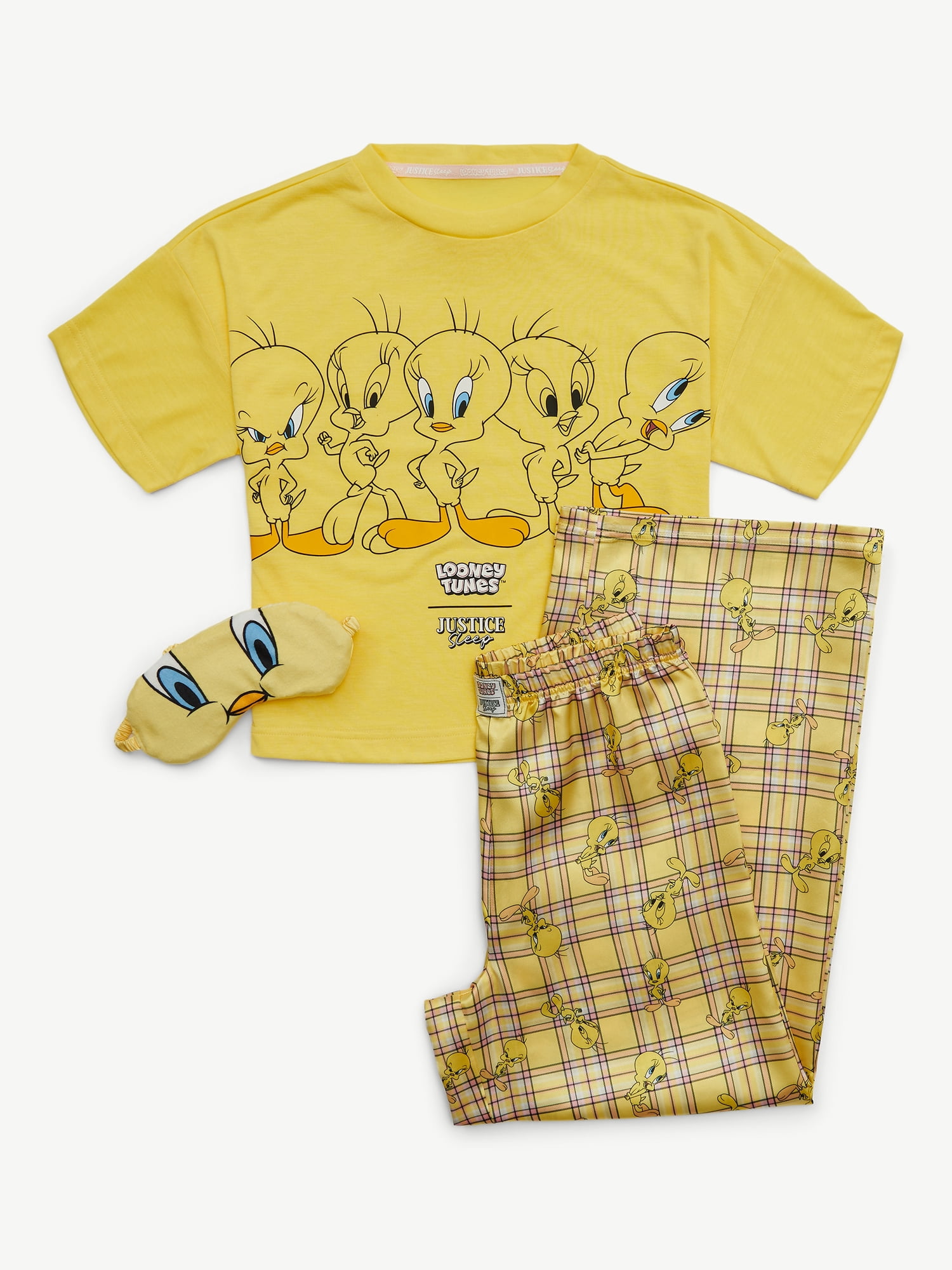 Looney Tunes X Justice Girls Short Sleeve Sleep Top and Sleep Pants with Eyemask, 3-Piece, Sizes 5-18