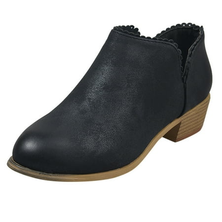 

qipaqil Ladies Fashion Solid Color Leather Lace Ankle Boots Pointed Toe Thick Heel Short Boots No Heel Boots for Women