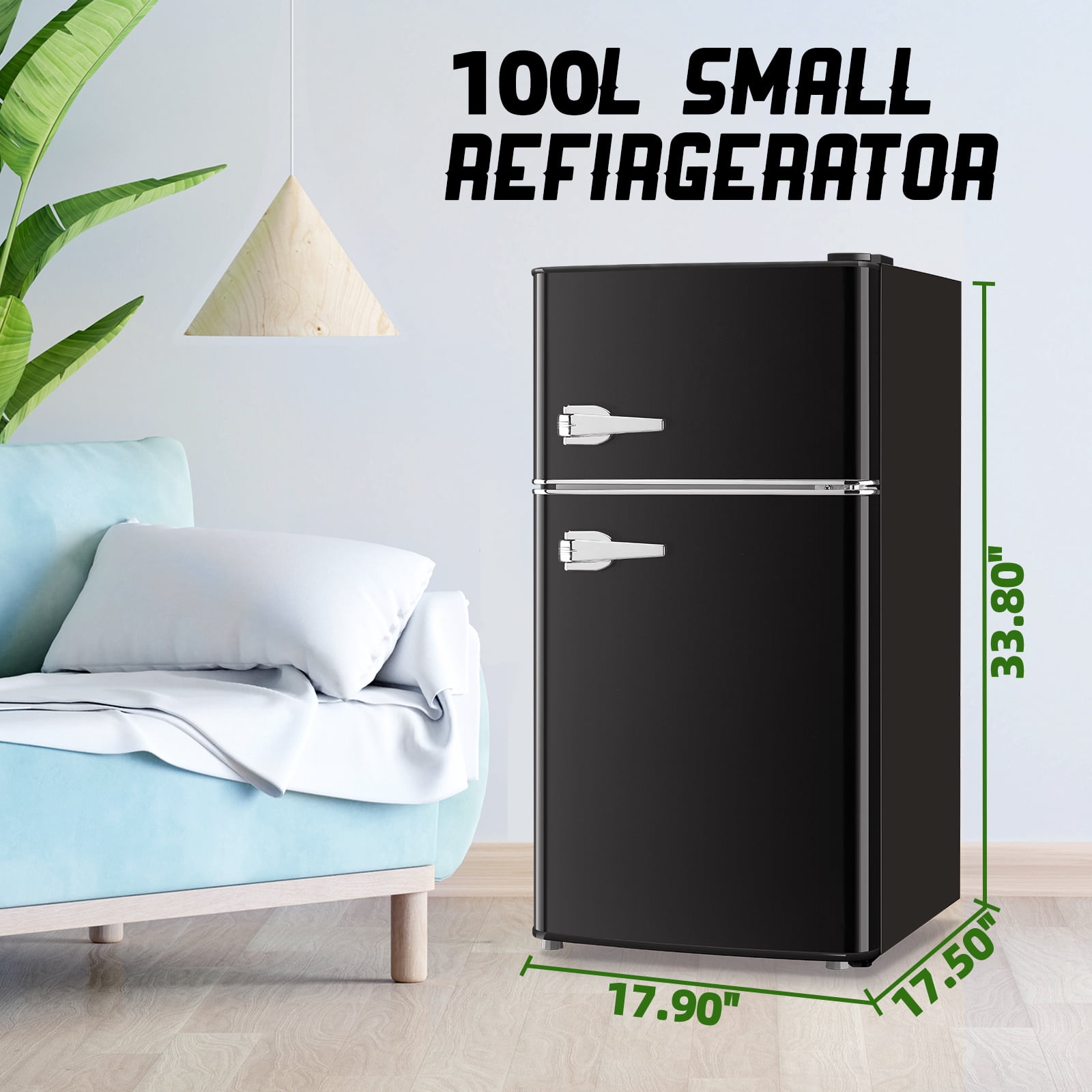 TACOOL Small Retro Mini Fridge with Top Freezer 100 Liter Dual Door Compact Refrigerator with Adjustable Thermostat LED Light, Low Noise for Dorm Blue