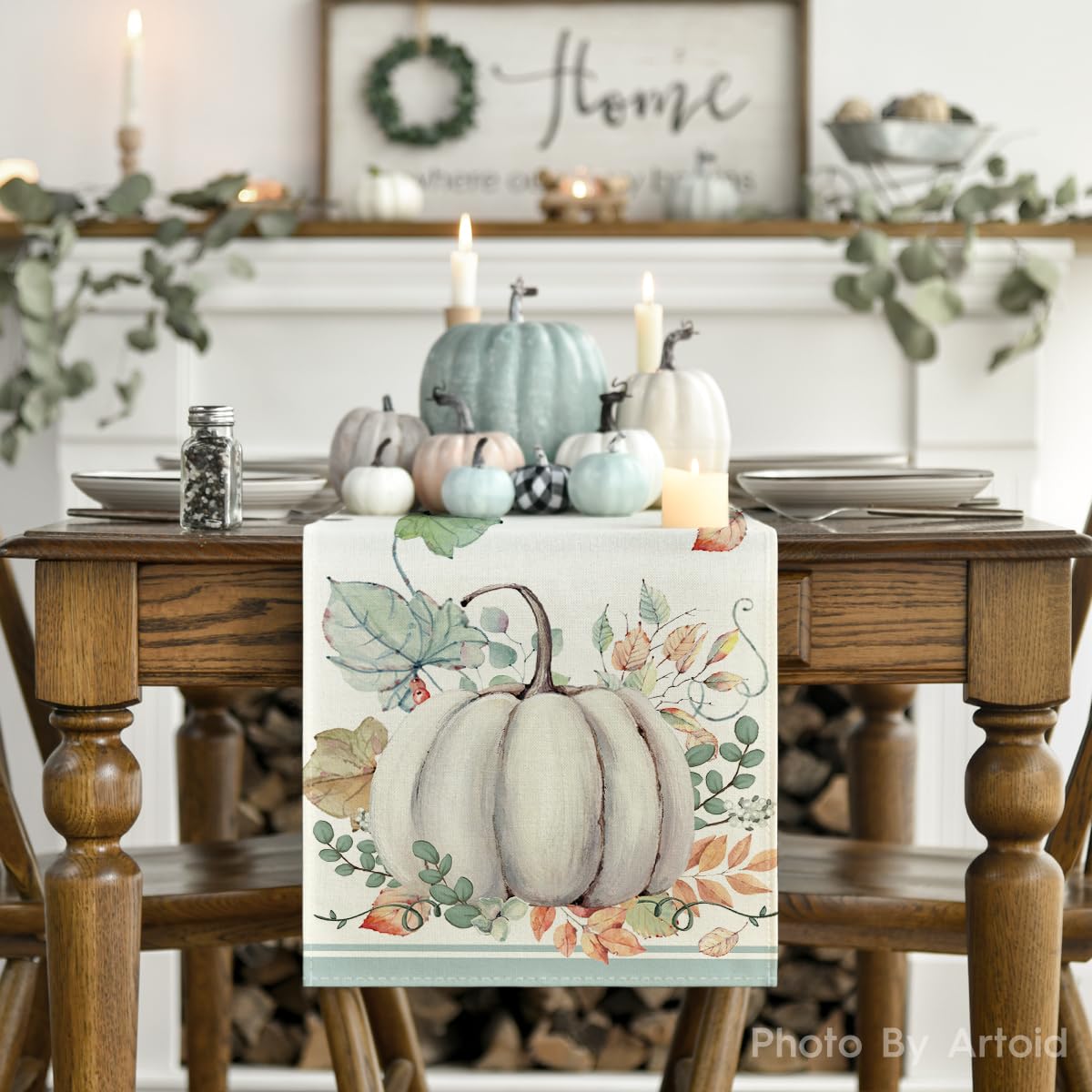 Smile Gather and Be Grateful Pumpkin Leaves Fall Table Runner, Thanksgiving Kitchen Dining Table Decoration for Home Party Decor 13x72 Inch