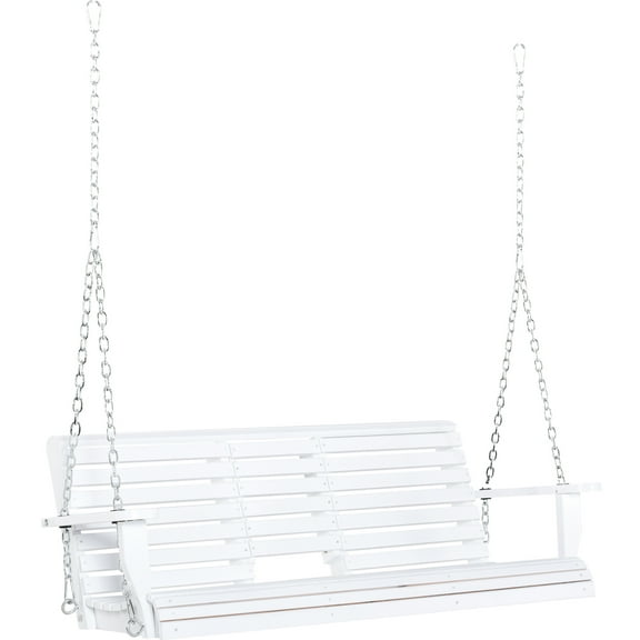 White Patio Swing For 3, With Folding Coffee Table, Cup Holders And , 440lbs Load Capacity, Wooden 3 Porch & Superior Material