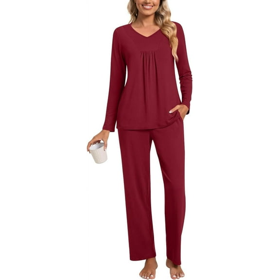 Womens Fall Pajama Sets Pleated Sleepwear Ladies Long Sleeve Nightwear Pants Pjs Lounge With Pockets[Z3580]