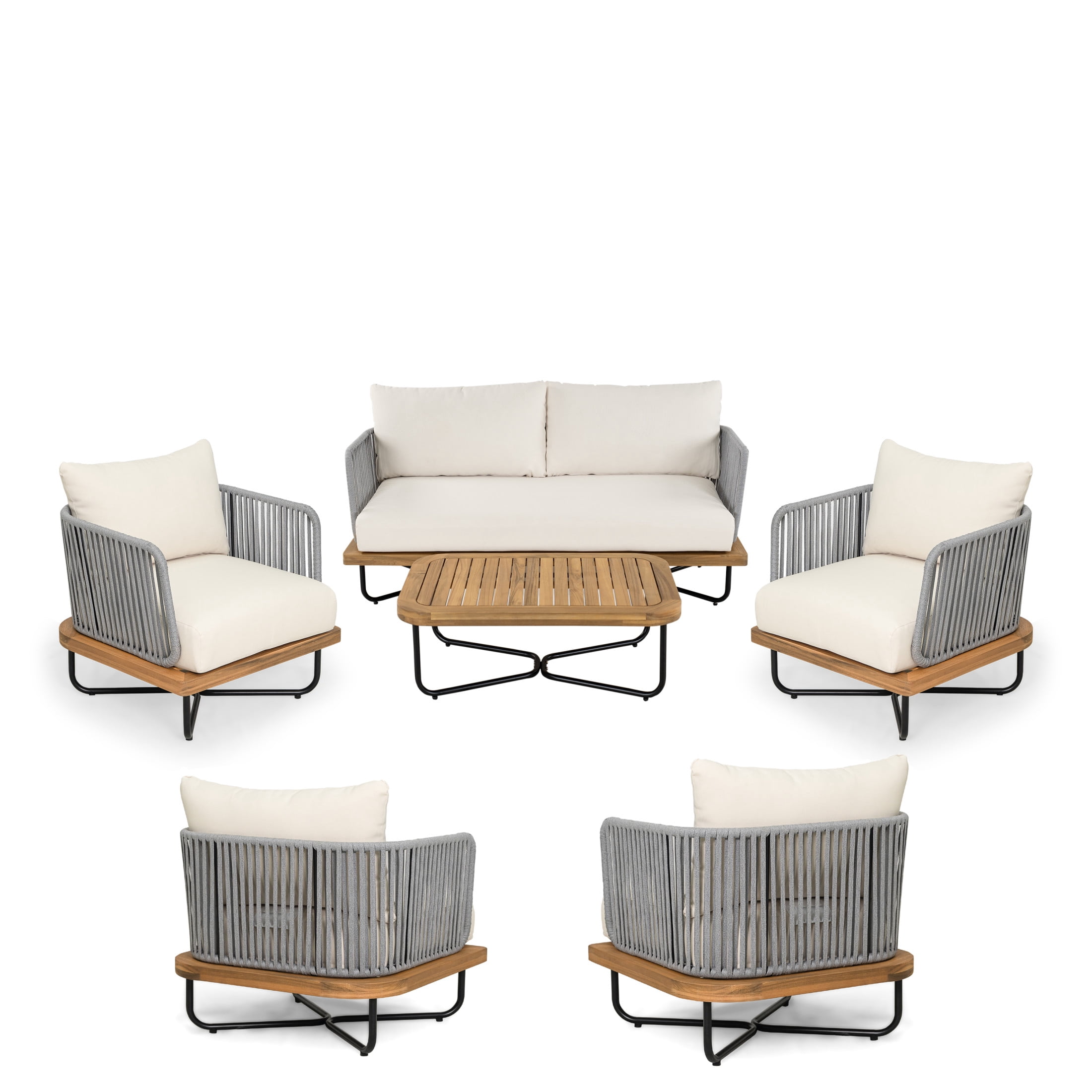 Christopher Knight Home 6-Piece Rope Woven Outdoor Conversation Set with Wood and Iron Frame, Beige Cushions