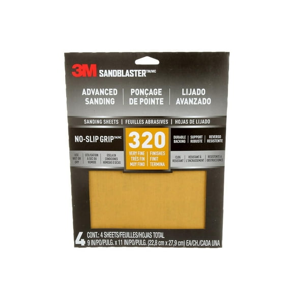 3M™ SandBlaster™ Advanced Sanding Sanding Sheets 20320-G-4, with NO-SLIP GRIP, 320 Grit, 9 in x 11 in, 4/Pack