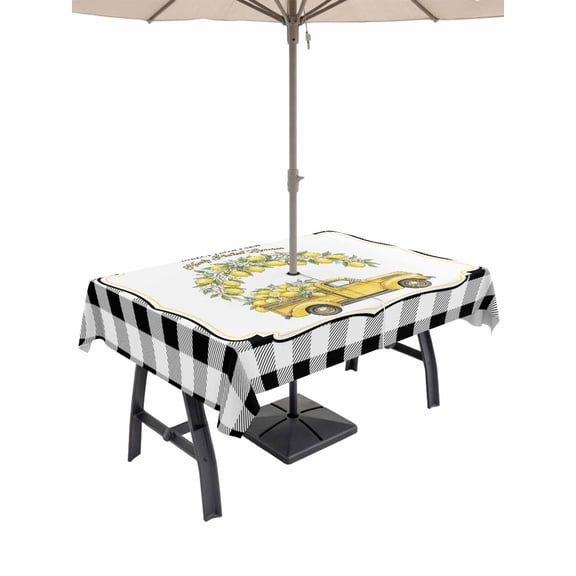 Outdoor Tablecloth with Umbrella Hole for Patio/Picnic/Party/Camping, Yellow Lemon Waterproof Table Cloth Rectangle Table Cover Washable, Summer Country Truck Floral Botanical Black Plaid (52"x 70")