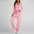 thumbnail image 4 of Fnooota Womens Two Piece Sets, Long Sleeve V Neck Casual Tops and Pants Sets Pink Size M, 4 of 7