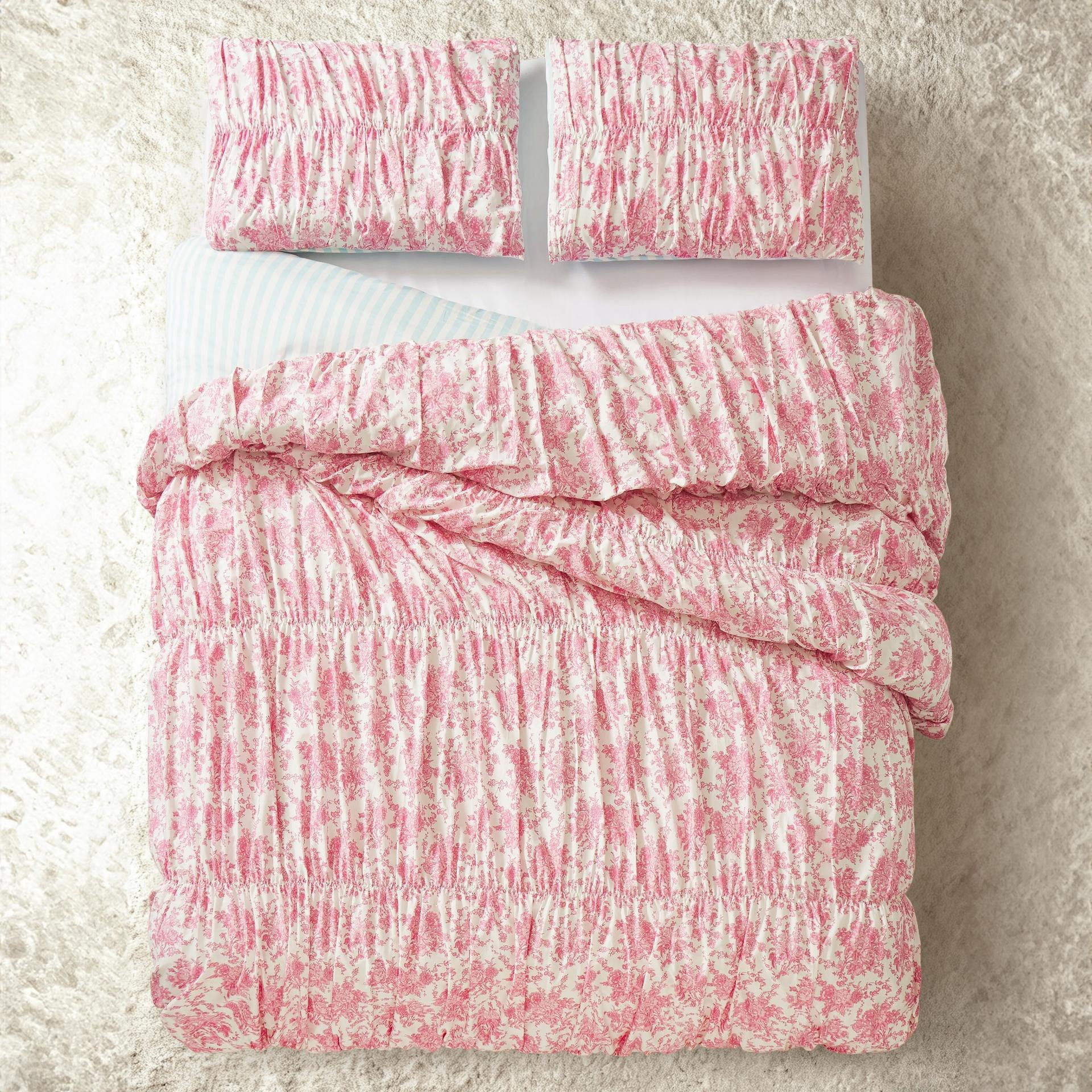 Fancy Toile Ruched Pink Floral Comforter Set for King Beds