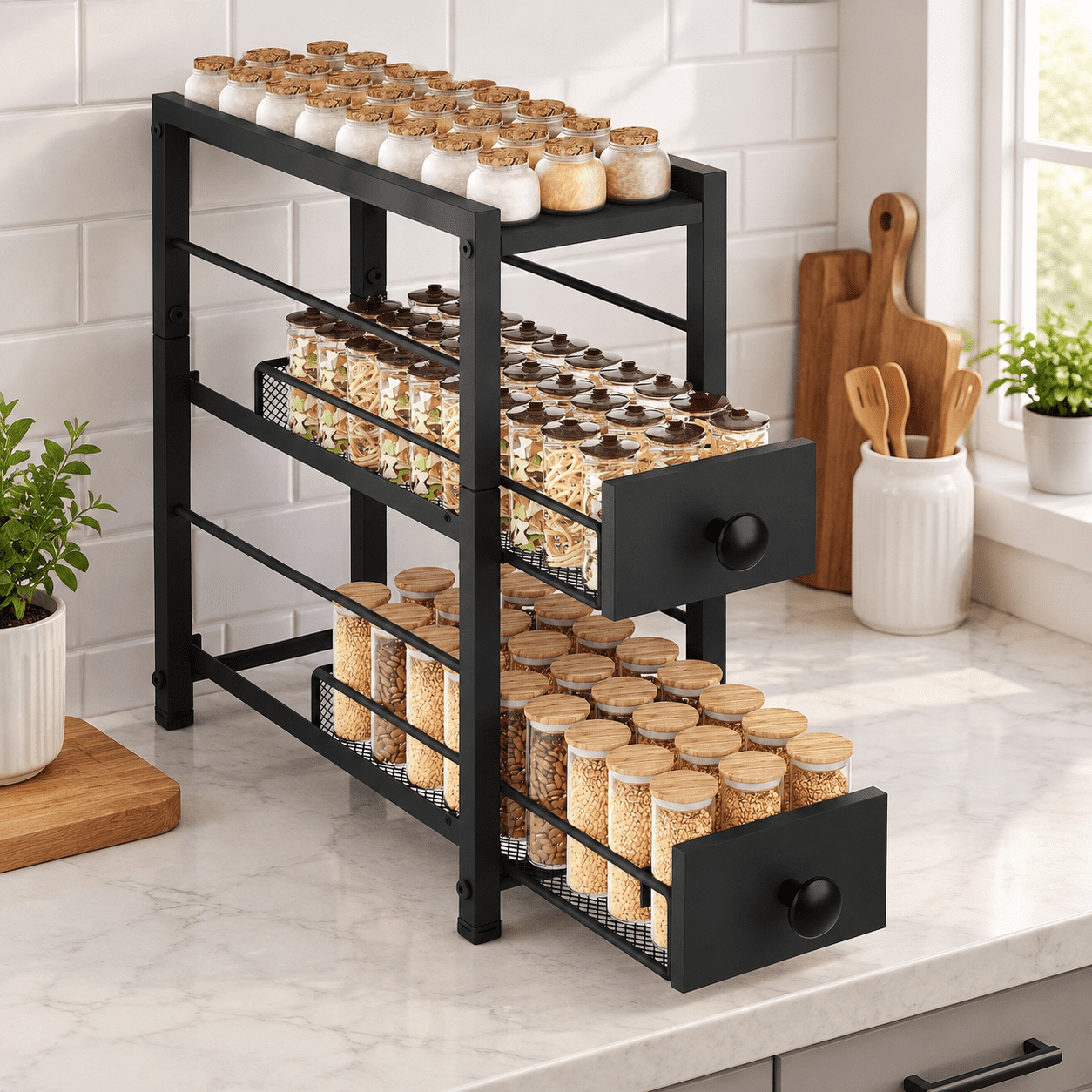 Spice Rack 3-Tier Pull Out Spice Rack Organizer for Countertop Narrow Kitchen Countertop Storage Shelf with 2 Drawers for Kitchen Cafe Black