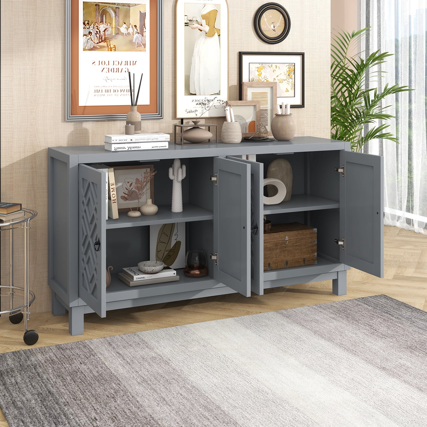 Kadyn Storage Sideboard Buffet Cabinet, 4 Door Sideboard with Pull Ring Handles, Kitchen Storage Cabinet for Living Room, Light Gray Kadyn Storage Sideboard Buffet Cabinet, 4 Door Sideboard with Pull Ring Handles, Kitchen Storage Cabinet for Living Room, Light Gray