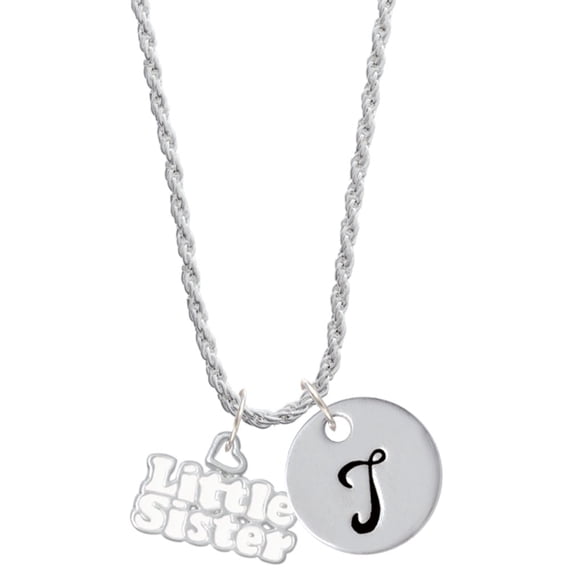 Delight Jewelry White ''Little Sister'' with Heart Silvertone Script Initial Disc - T - Charm Necklace, 20"+3"