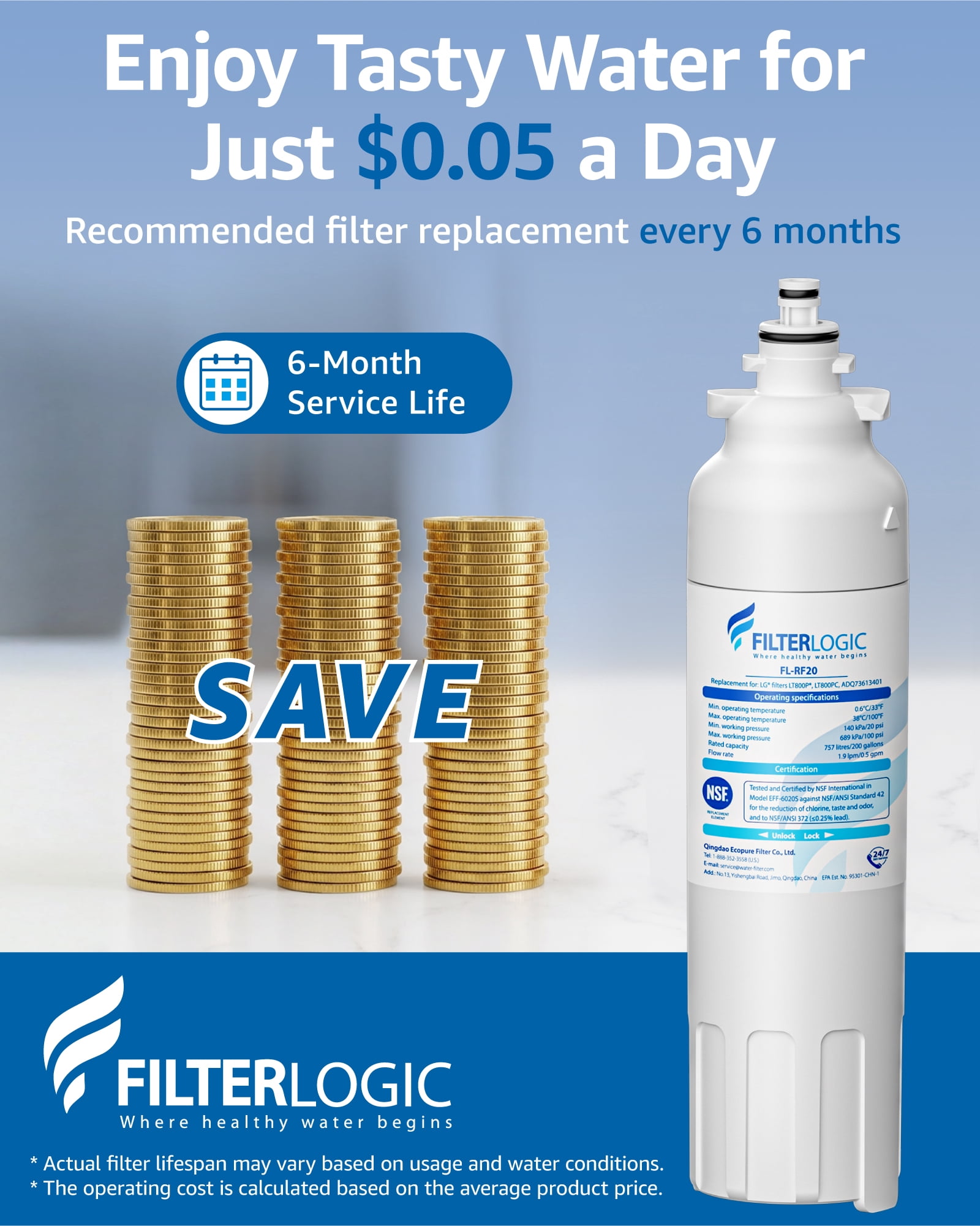 Filterlogic ADQ73613401 Refrigerator Water Filter, Replacement for LG® LT800P®, LT800PC, ADQ736134, ADQ73613402, LSXS26326S, LSXS26366S, LMXS30776S, LSXS26366D, LMXC23746S, 46-9490, 469490, Pack of 6