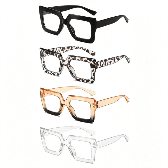HBMYN 4 Pack Oversized Blue Light Glasses for Women Fashion Thick Square Large Frame Computer Tv Eyewear Eyeglasses Non-Prescription Blocking Stylish Thick Square Readers