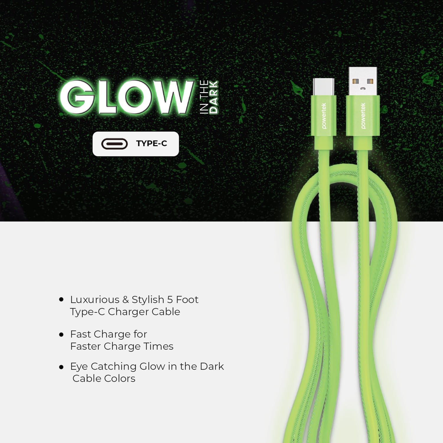 Liquipel Powertek Glow in the Dark USB-A to USB-C - Green
