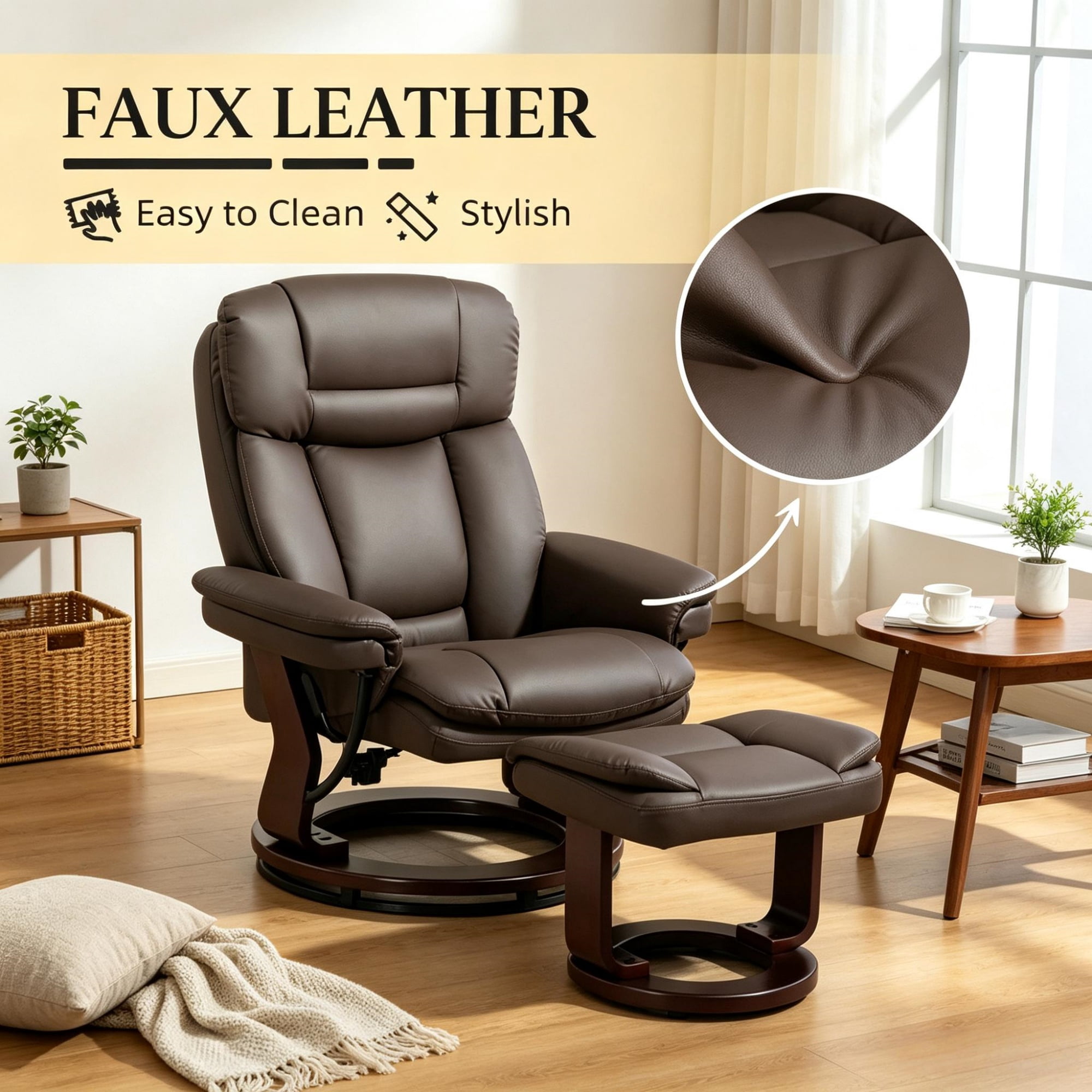 PU Leather Swivel Recliner with Footrest, Dark Brown