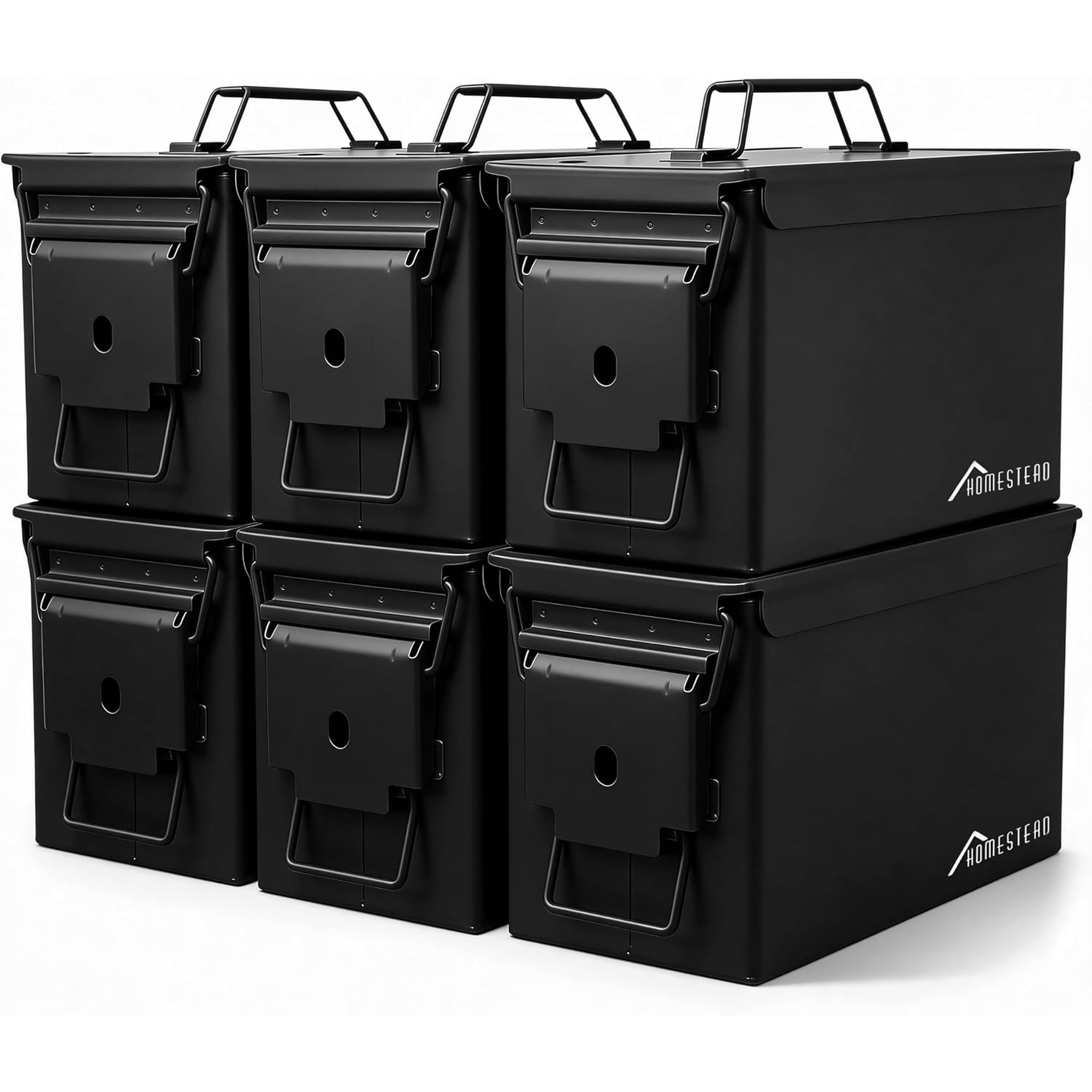 Homestead 50 Cal Ammo Can 6 pack - M2A1 Military Metal Ammo Storage Box Airtight Waterproof Ammo Case Heavy Duty Steel Ammo Crate for Storage Black