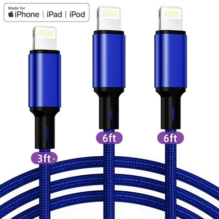 3Pack [Apple MFi Certified] Lightning Charger Cables (3/6/6ft), Lightning Cable Nylon Fast Charging Cord Compatible with iPhone 13/13 pro/12/11/11 Pro/X/Xs Max/XR/ iPad Air 2 /Mini Airpods(Blue)