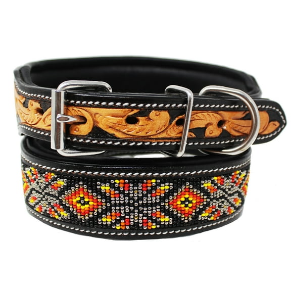 Medium 17''- 21'' Hand Tooled Floral Padded Leather Beaded Dog Collar 60180