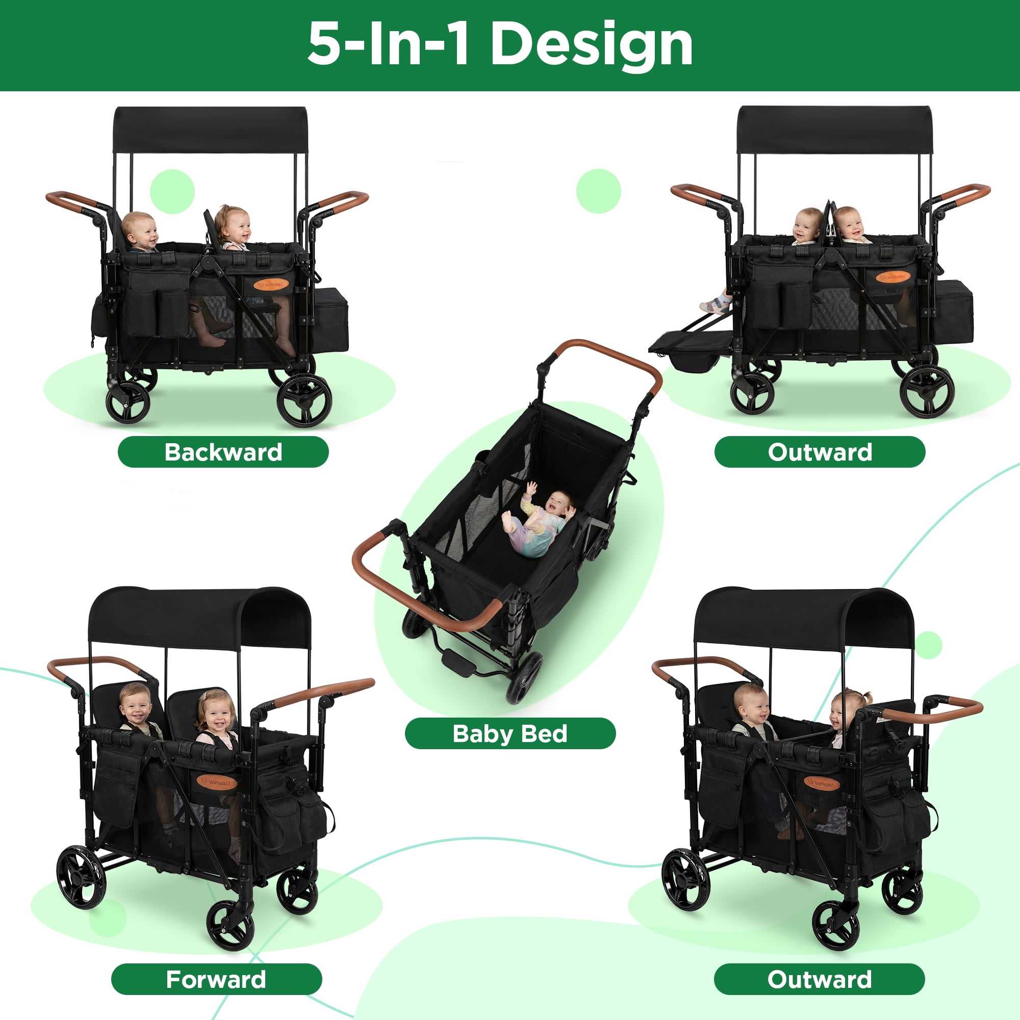 Vomeast Upgrade Wagon Stroller for 2 Kids, 2-Seater Outdoor Baby Stroller Wagon with Canopy, 5-Point Harness, Adjustable Handle(Black)