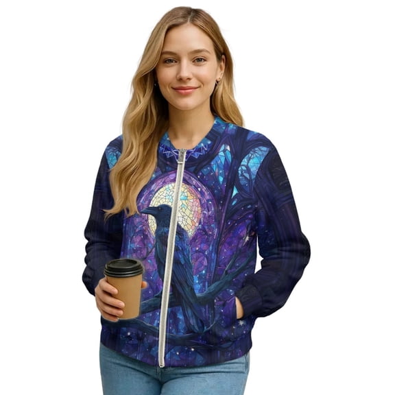 DISNIMO Raven Printed Jackets for Women Long Sleeve Sweatshirts V Neck Outwear Zip Up Jackets with Pockets, S