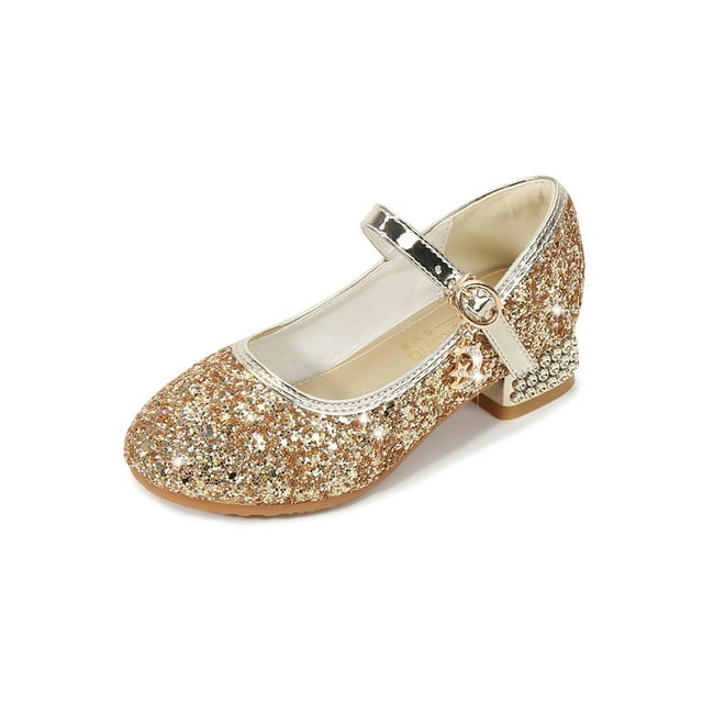 MAWCLOS Girls Mary Jane Rhinestone Princess Shoe Chunky Block Comfort Dress Shoes Round Toe Performance Heeled Sandals Gold 12c