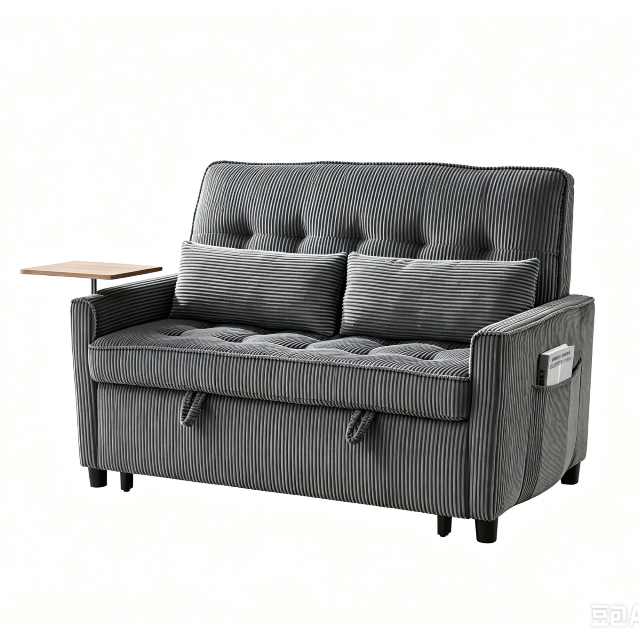 Vinform 3 in 1 Convertible Sleeper Sofa Bed, 55" Corduroy Pull Out Loveseat with Arm Table for Small Space, Dark Gray