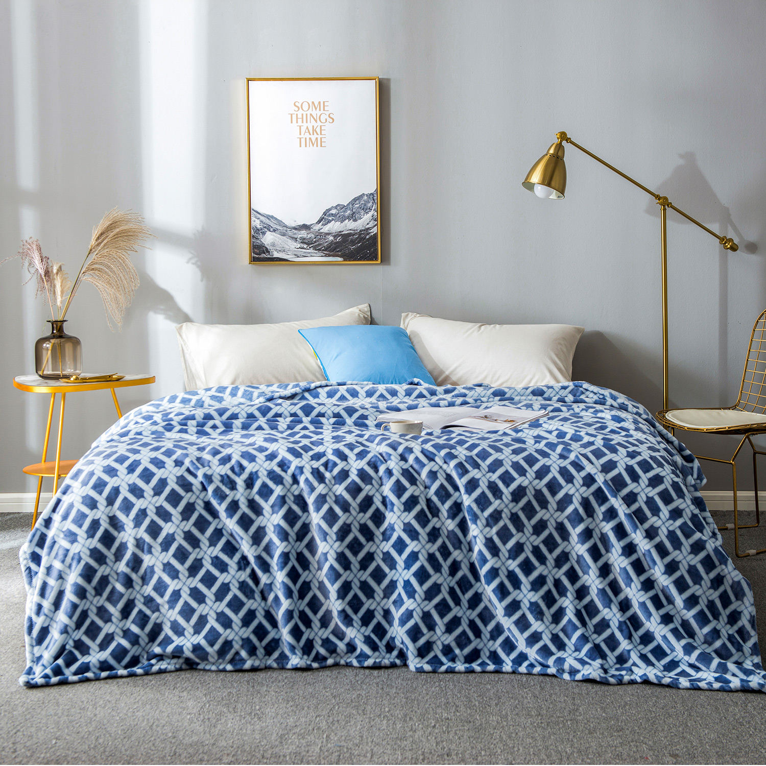 Ultra Plush Flannel Fringed Throw Blanket with Scrolling Crest Pattern