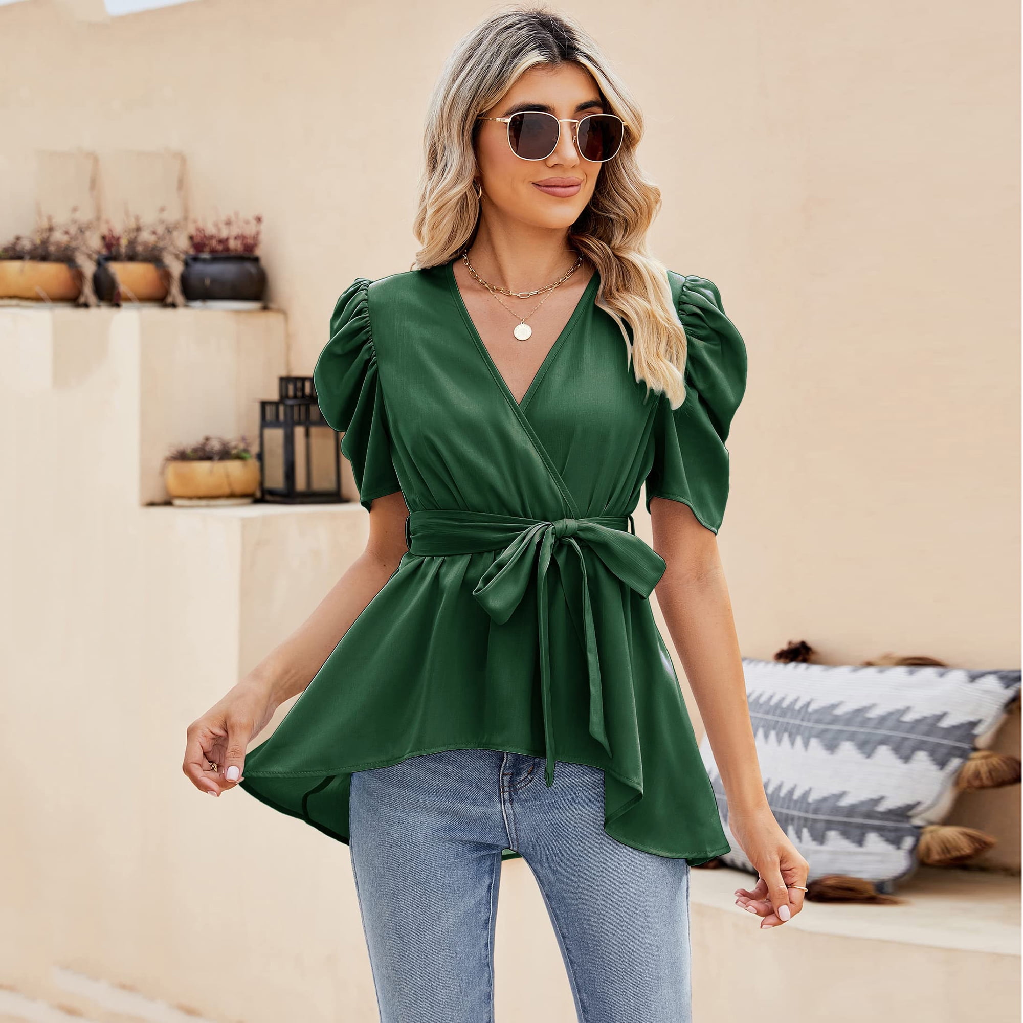 Yesfashion Women's 3/4 Puff Sleeve Peplum Blouse - Tie Front Elegant Tunic Top For Business Casual