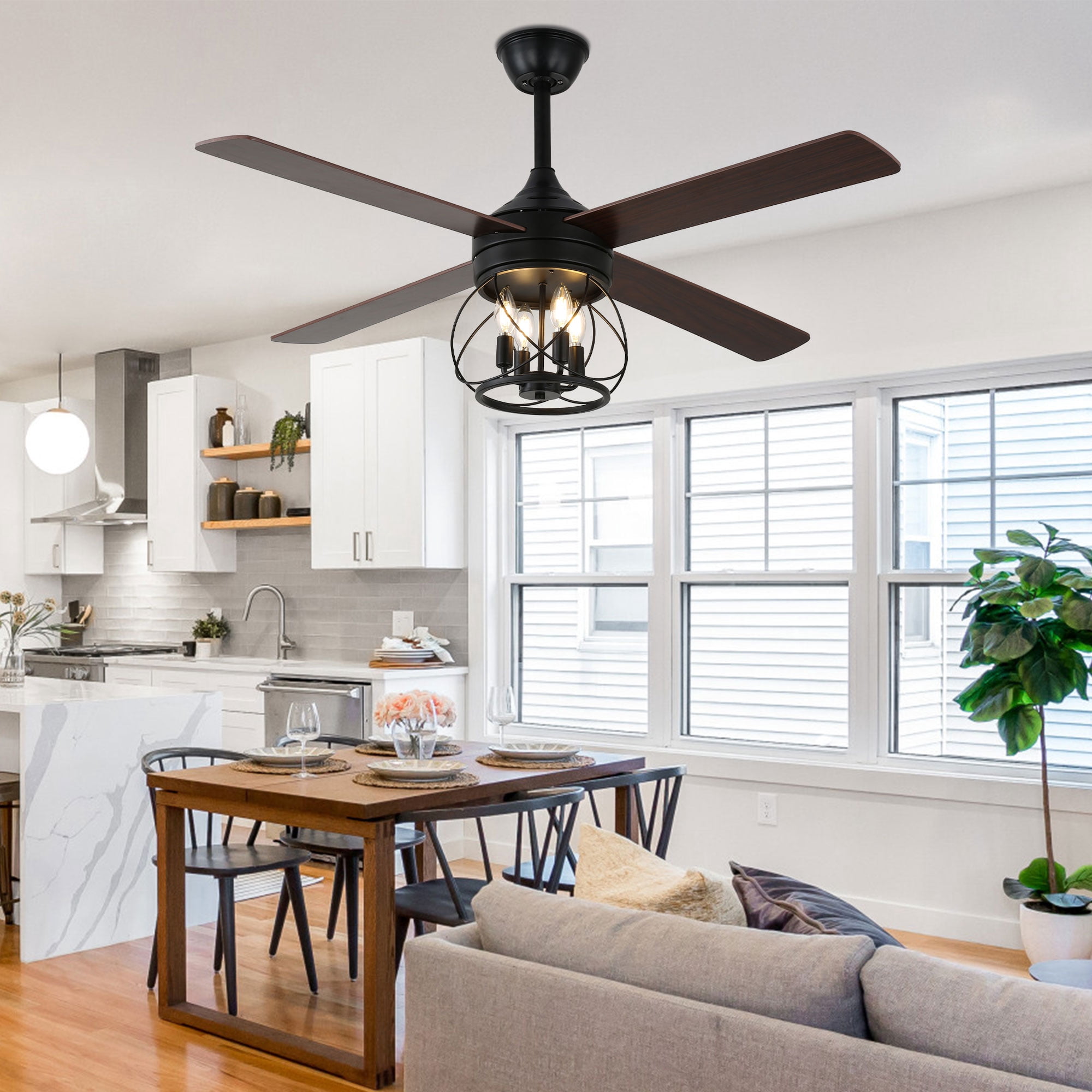 Cusp Barn 52 inch Rustic Farmhouse Caged Ceiling Fan with Remote Control, 6 Speeds Modern Black Ceiling Fan with Lights