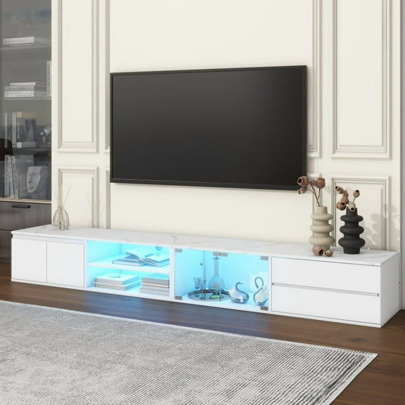 Modern APP Controlled LED TV Stand for TVs Up to 105'', Faux Marble Tabletop Media Console with Tempered Glass Doors, Entertainment Center with 2 Drawers & Cabinets for Living Room, White
