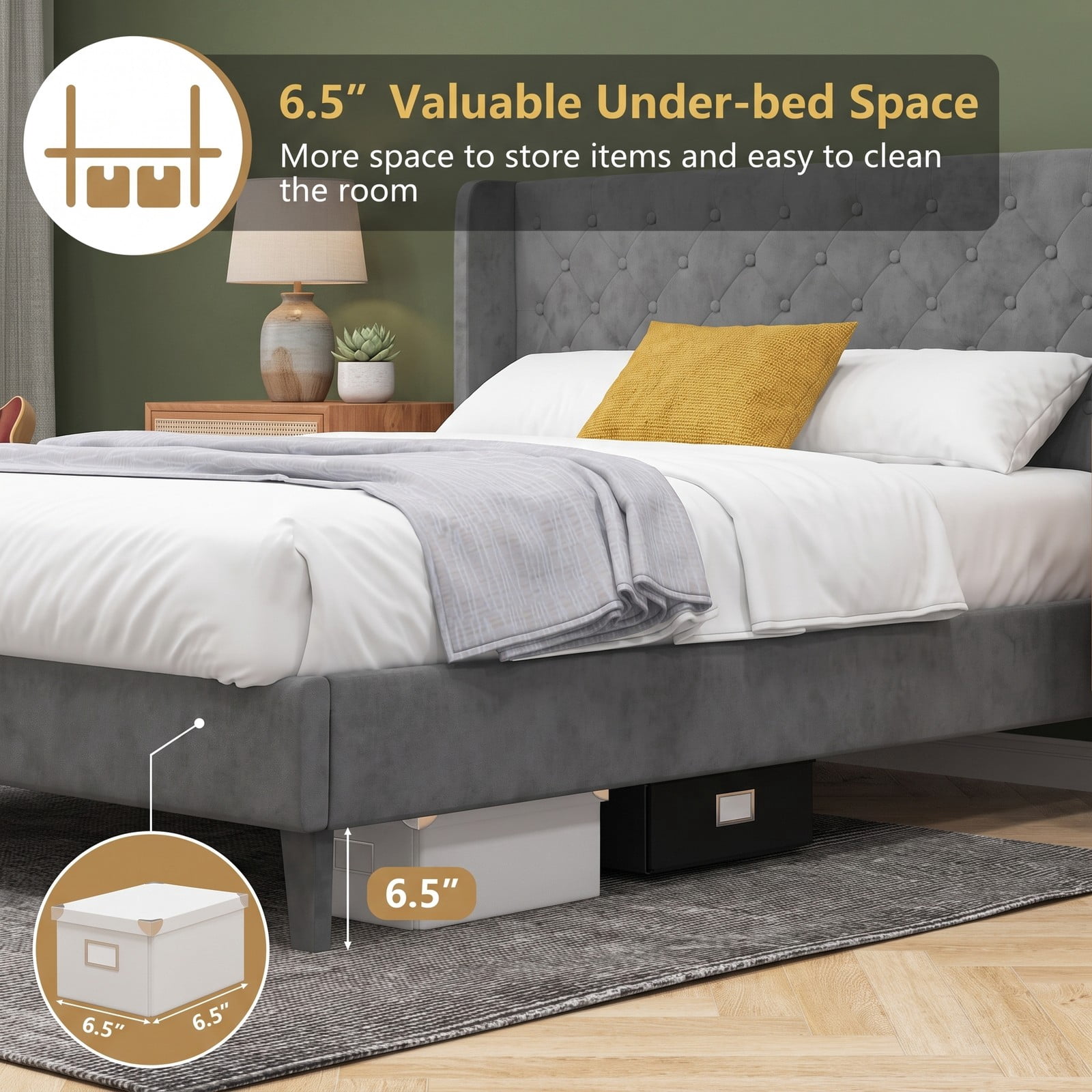 Furnibear Queen Bed Frame with Headboard, Velvet Upholstered Platform Bed Frame with Button Tufted Wingback and Nailhead Trim, No Box Spring, Gray