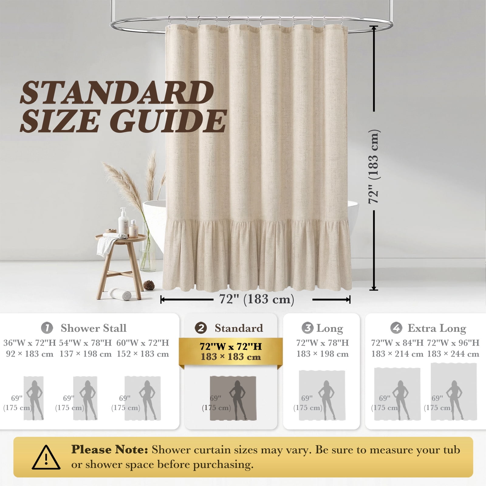 NixiYa Farmhouse Shower Curtain Ruffle Linen Shower Curtain for Bathroom Beige 72"x72"