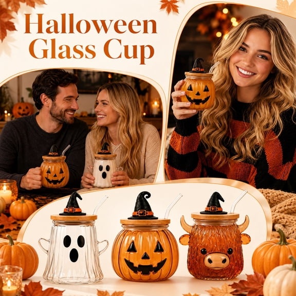 Halloween Tumbler Highland Cow Ribbed Glass Cup with Bamboo Lid Straw Cute Water Cup 12 Oz 1 Pack for Home Gifting Halloween Parties