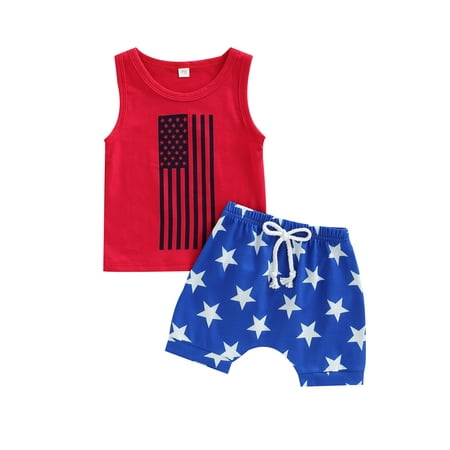 

Biekopu Baby Boys Summer Outfit Stars Striped Print Sleeveless Tank Tops with Drawstring Casual Shorts Set
